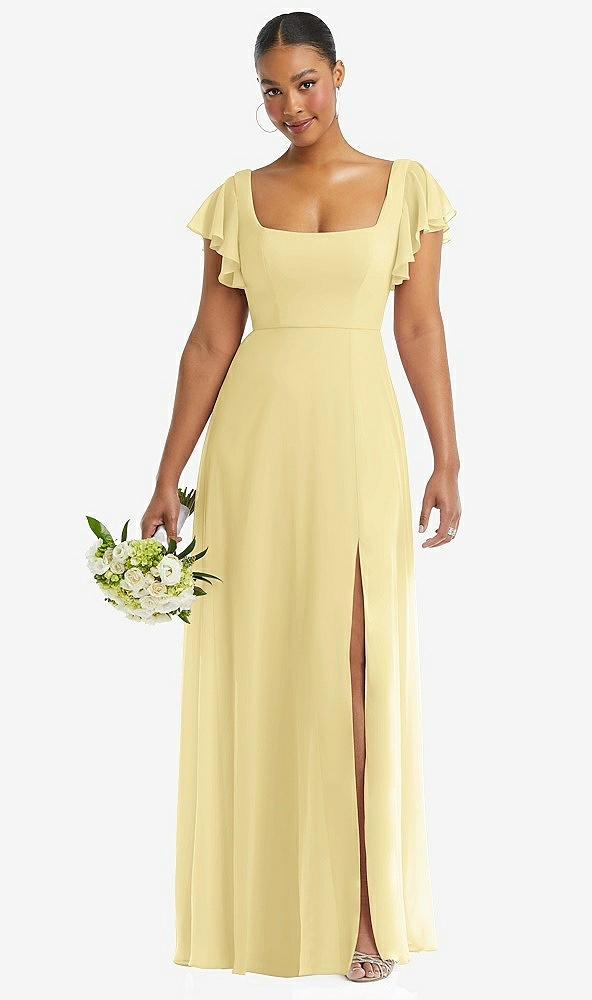 Front View - Pale Yellow Flutter Sleeve Scoop Open-Back Chiffon Maxi Dress