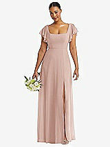 Front View Thumbnail - Toasted Sugar Flutter Sleeve Scoop Open-Back Chiffon Maxi Dress