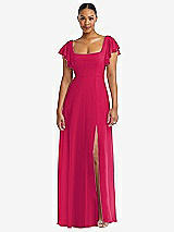 Alt View 1 Thumbnail - Vivid Pink Flutter Sleeve Scoop Open-Back Chiffon Maxi Dress