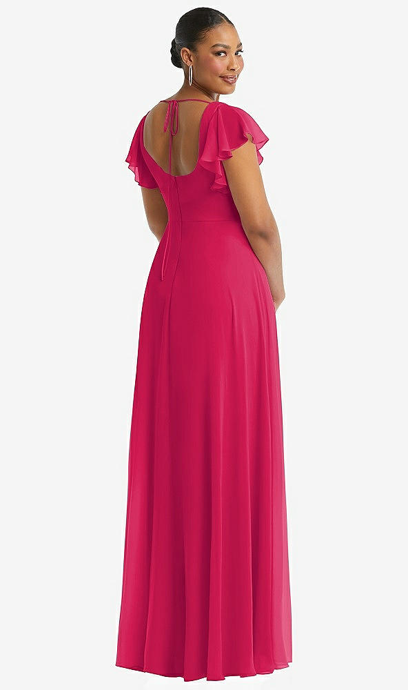 Back View - Vivid Pink Flutter Sleeve Scoop Open-Back Chiffon Maxi Dress