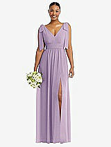 Alt View 1 Thumbnail - Pale Purple Plunge Neckline Bow Shoulder Empire Waist Chiffon Maxi Dress