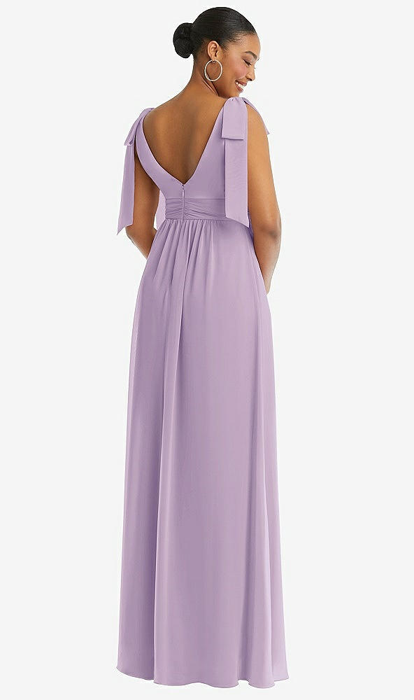 Back View - Pale Purple Plunge Neckline Bow Shoulder Empire Waist Chiffon Maxi Dress