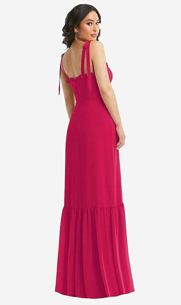 Back View - Vivid Pink Tie-Shoulder Corset Bodice Ruffle-Hem Maxi Dress