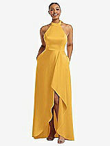 Front View Thumbnail - NYC Yellow High-Neck Tie-Back Halter Cascading High Low Maxi Dress
