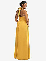 Rear View Thumbnail - NYC Yellow High-Neck Tie-Back Halter Cascading High Low Maxi Dress