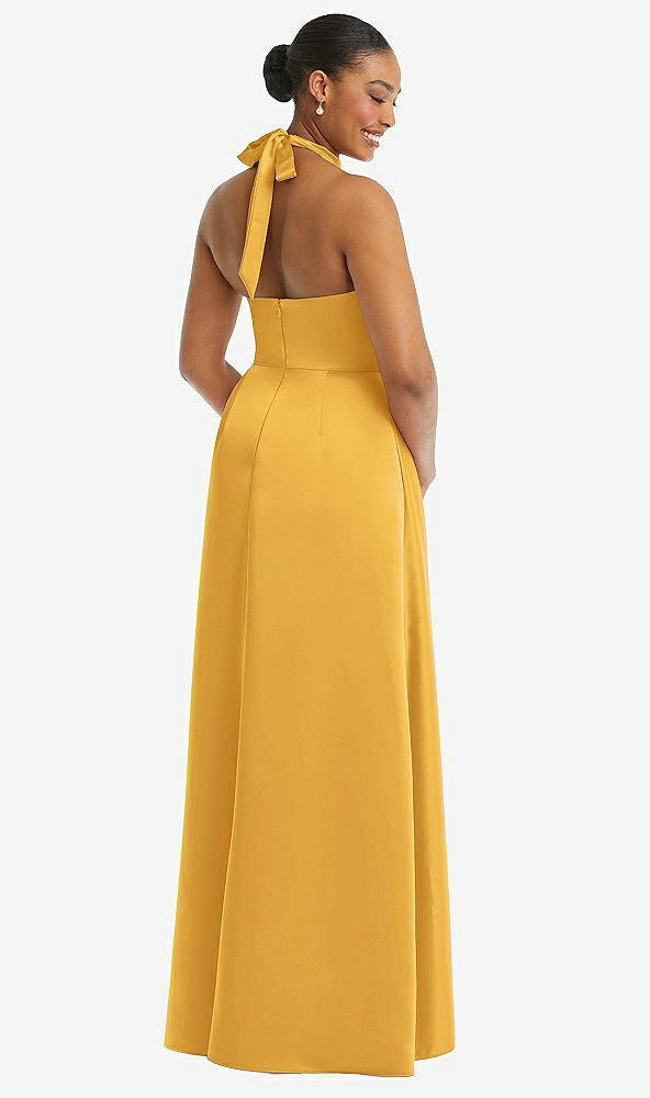 Back View - NYC Yellow High-Neck Tie-Back Halter Cascading High Low Maxi Dress