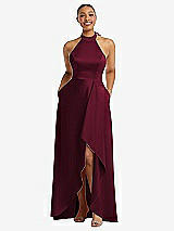 Front View Thumbnail - Cabernet High-Neck Tie-Back Halter Cascading High Low Maxi Dress