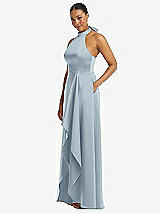 Side View Thumbnail - Mist High-Neck Tie-Back Halter Cascading High Low Maxi Dress