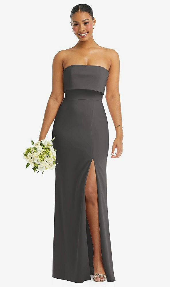 Front View - Caviar Gray Strapless Overlay Bodice Crepe Maxi Dress with Front Slit