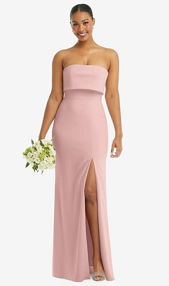 Front View - Rose - PANTONE Rose Quartz Strapless Overlay Bodice Crepe Maxi Dress with Front Slit