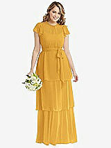 Front View Thumbnail - NYC Yellow Flutter Sleeve Jewel Neck Chiffon Maxi Dress with Tiered Ruffle Skirt