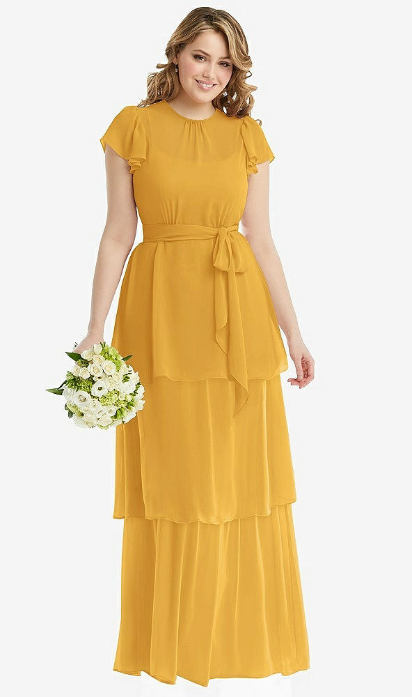 Front View - NYC Yellow Flutter Sleeve Jewel Neck Chiffon Maxi Dress with Tiered Ruffle Skirt
