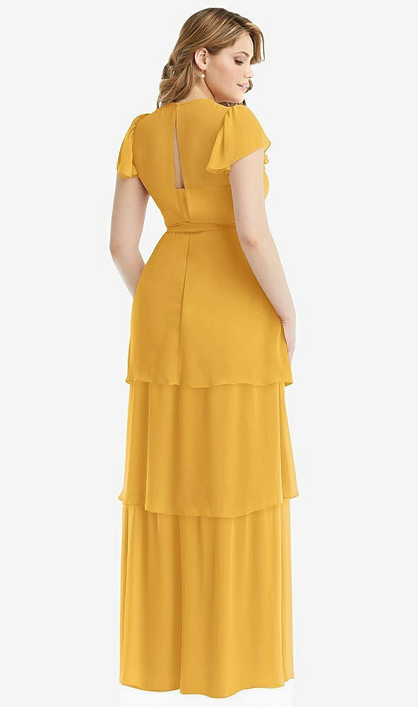 Back View - NYC Yellow Flutter Sleeve Jewel Neck Chiffon Maxi Dress with Tiered Ruffle Skirt