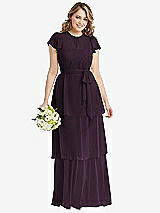 Front View Thumbnail - Aubergine Flutter Sleeve Jewel Neck Chiffon Maxi Dress with Tiered Ruffle Skirt