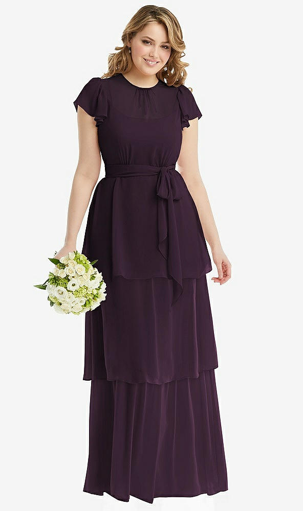 Front View - Aubergine Flutter Sleeve Jewel Neck Chiffon Maxi Dress with Tiered Ruffle Skirt