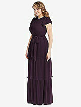 Side View Thumbnail - Aubergine Flutter Sleeve Jewel Neck Chiffon Maxi Dress with Tiered Ruffle Skirt