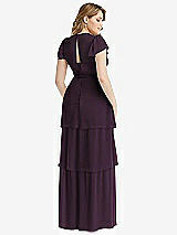 Rear View Thumbnail - Aubergine Flutter Sleeve Jewel Neck Chiffon Maxi Dress with Tiered Ruffle Skirt