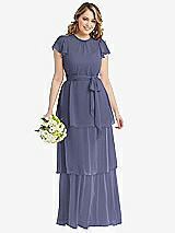Front View Thumbnail - French Blue Flutter Sleeve Jewel Neck Chiffon Maxi Dress with Tiered Ruffle Skirt