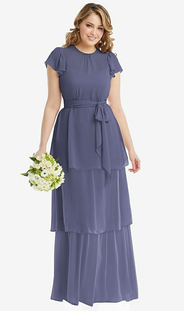 Front View - French Blue Flutter Sleeve Jewel Neck Chiffon Maxi Dress with Tiered Ruffle Skirt