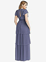 Rear View Thumbnail - French Blue Flutter Sleeve Jewel Neck Chiffon Maxi Dress with Tiered Ruffle Skirt