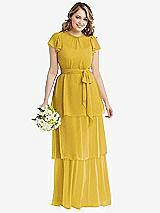 Front View Thumbnail - Marigold Flutter Sleeve Jewel Neck Chiffon Maxi Dress with Tiered Ruffle Skirt