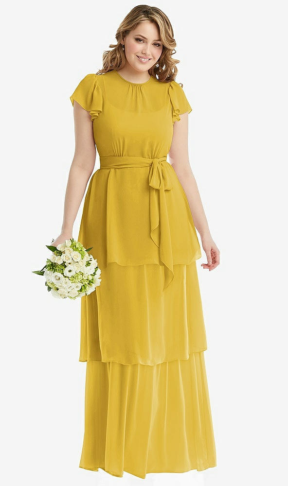 Front View - Marigold Flutter Sleeve Jewel Neck Chiffon Maxi Dress with Tiered Ruffle Skirt