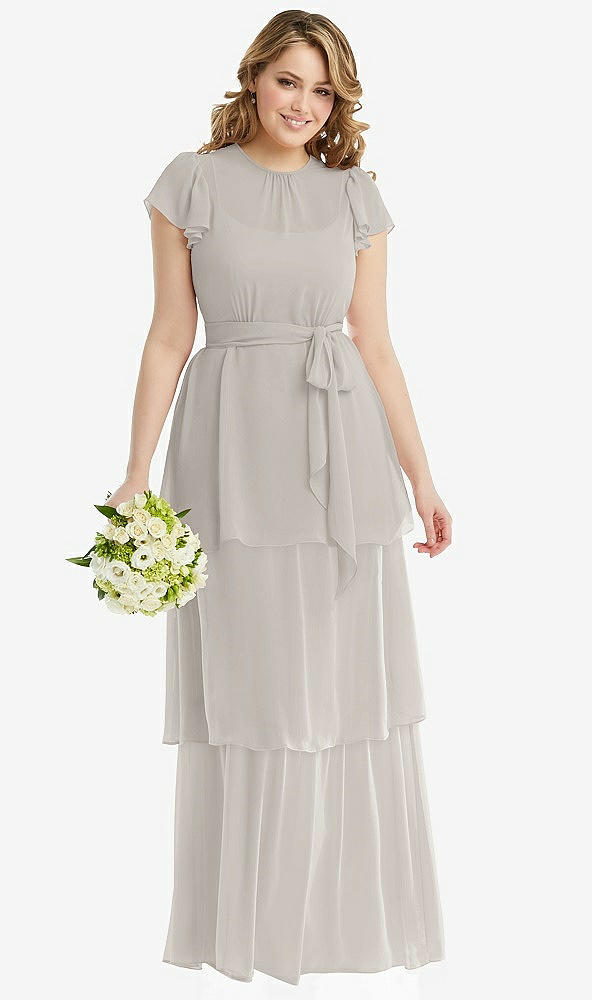Front View - Oyster Flutter Sleeve Jewel Neck Chiffon Maxi Dress with Tiered Ruffle Skirt