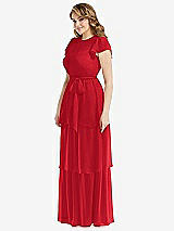 Side View Thumbnail - Parisian Red Flutter Sleeve Jewel Neck Chiffon Maxi Dress with Tiered Ruffle Skirt