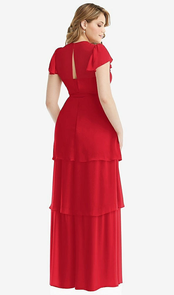Back View - Parisian Red Flutter Sleeve Jewel Neck Chiffon Maxi Dress with Tiered Ruffle Skirt