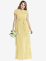 Front View Thumbnail - Pale Yellow Flutter Sleeve Jewel Neck Chiffon Maxi Dress with Tiered Ruffle Skirt