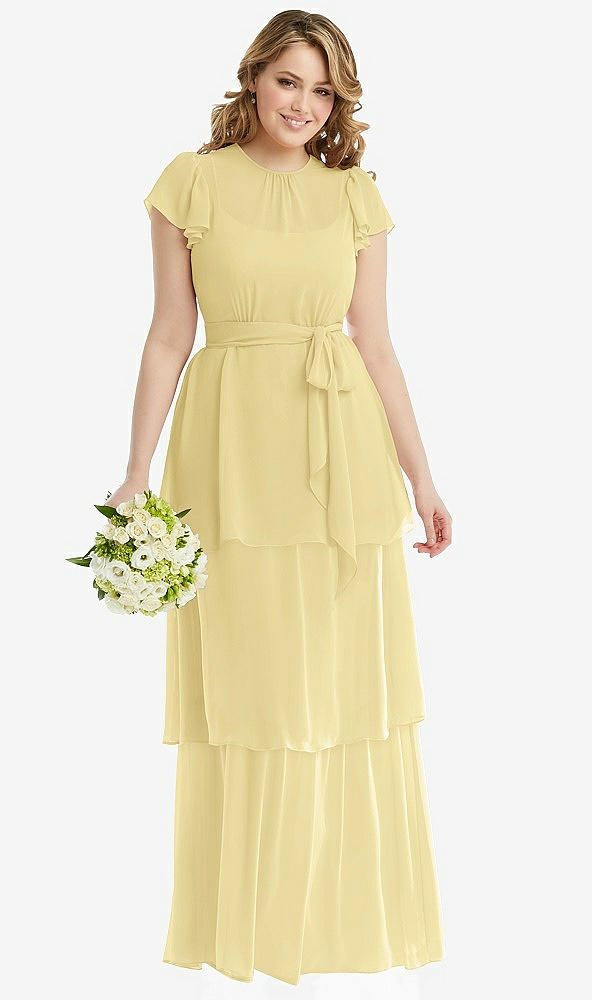 Front View - Pale Yellow Flutter Sleeve Jewel Neck Chiffon Maxi Dress with Tiered Ruffle Skirt