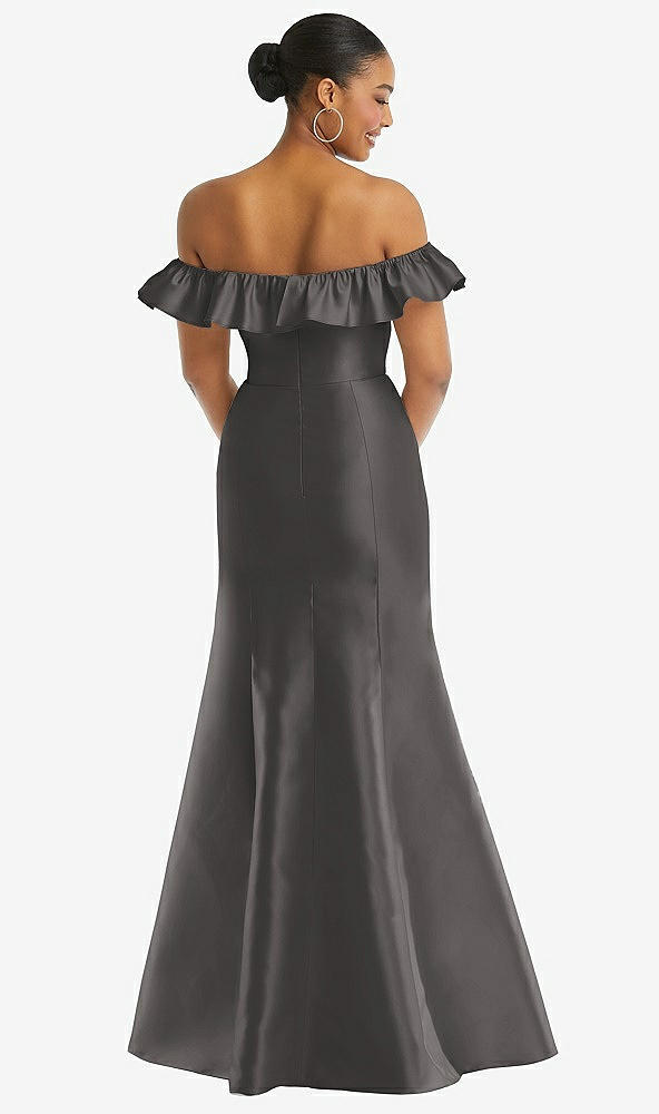 Back View - Caviar Gray Off-the-Shoulder Ruffle Neck Satin Trumpet Gown