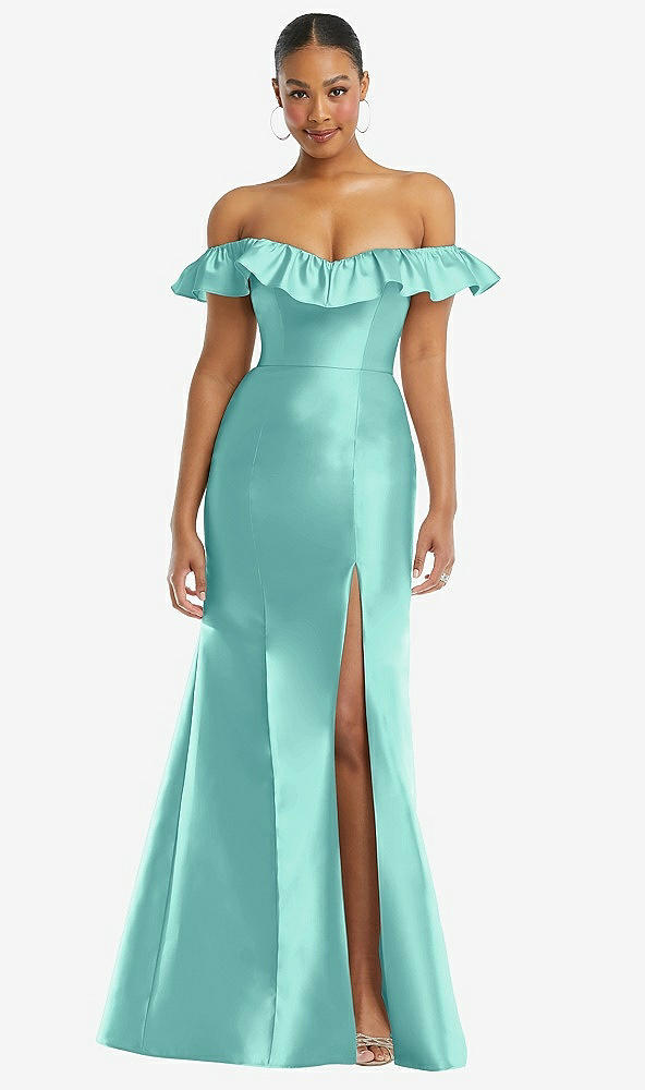 Front View - Coastal Off-the-Shoulder Ruffle Neck Satin Trumpet Gown