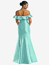 Rear View Thumbnail - Coastal Off-the-Shoulder Ruffle Neck Satin Trumpet Gown