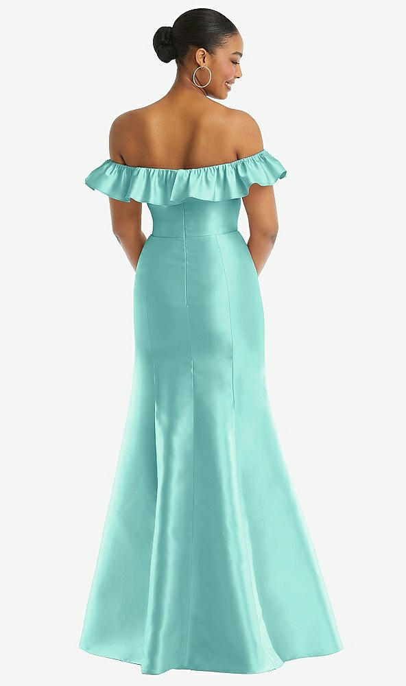 Back View - Coastal Off-the-Shoulder Ruffle Neck Satin Trumpet Gown