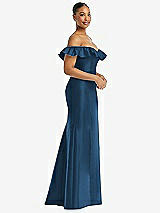 Side View Thumbnail - Dusk Blue Off-the-Shoulder Ruffle Neck Satin Trumpet Gown