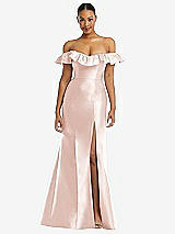 Front View Thumbnail - Blush Off-the-Shoulder Ruffle Neck Satin Trumpet Gown