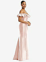 Side View Thumbnail - Blush Off-the-Shoulder Ruffle Neck Satin Trumpet Gown