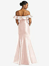 Rear View Thumbnail - Blush Off-the-Shoulder Ruffle Neck Satin Trumpet Gown