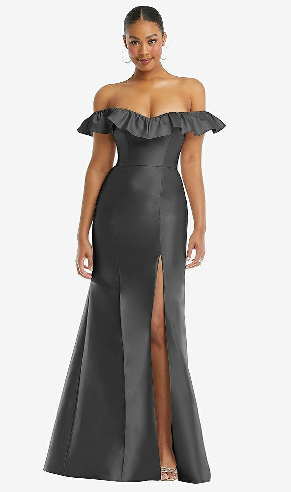 Front View - Gunmetal Off-the-Shoulder Ruffle Neck Satin Trumpet Gown