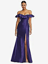 Front View Thumbnail - Grape Off-the-Shoulder Ruffle Neck Satin Trumpet Gown