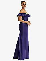 Side View Thumbnail - Grape Off-the-Shoulder Ruffle Neck Satin Trumpet Gown