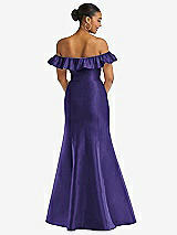 Rear View Thumbnail - Grape Off-the-Shoulder Ruffle Neck Satin Trumpet Gown