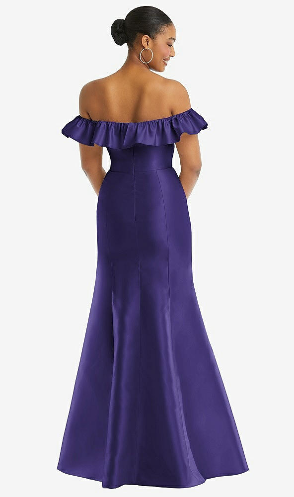 Back View - Grape Off-the-Shoulder Ruffle Neck Satin Trumpet Gown