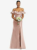 Alt View 2 Thumbnail - Toasted Sugar Off-the-Shoulder Ruffle Neck Satin Trumpet Gown