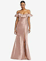 Front View Thumbnail - Toasted Sugar Off-the-Shoulder Ruffle Neck Satin Trumpet Gown