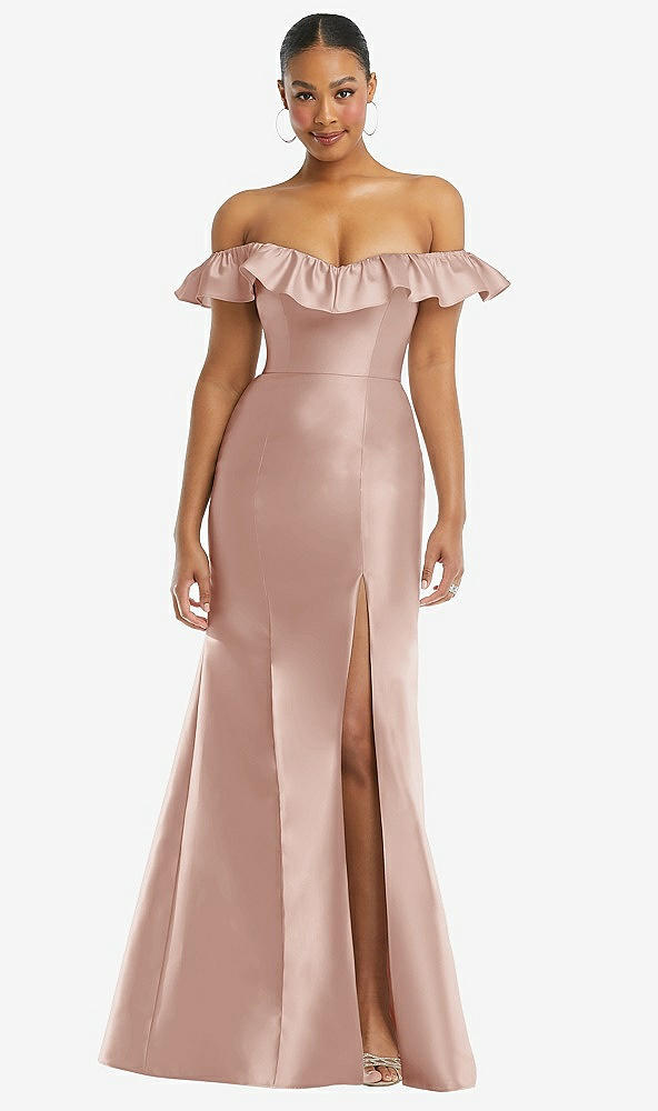 Front View - Toasted Sugar Off-the-Shoulder Ruffle Neck Satin Trumpet Gown