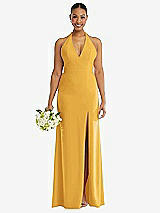Alt View 2 Thumbnail - NYC Yellow Plunge Neck Halter Backless Trumpet Gown with Front Slit