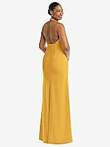 Rear View Thumbnail - NYC Yellow Plunge Neck Halter Backless Trumpet Gown with Front Slit
