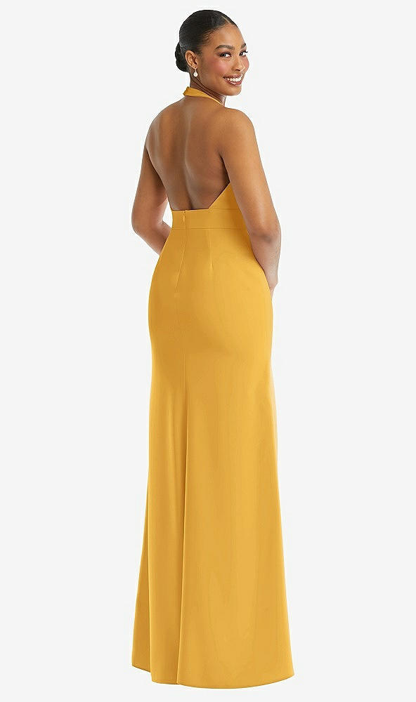 Back View - NYC Yellow Plunge Neck Halter Backless Trumpet Gown with Front Slit